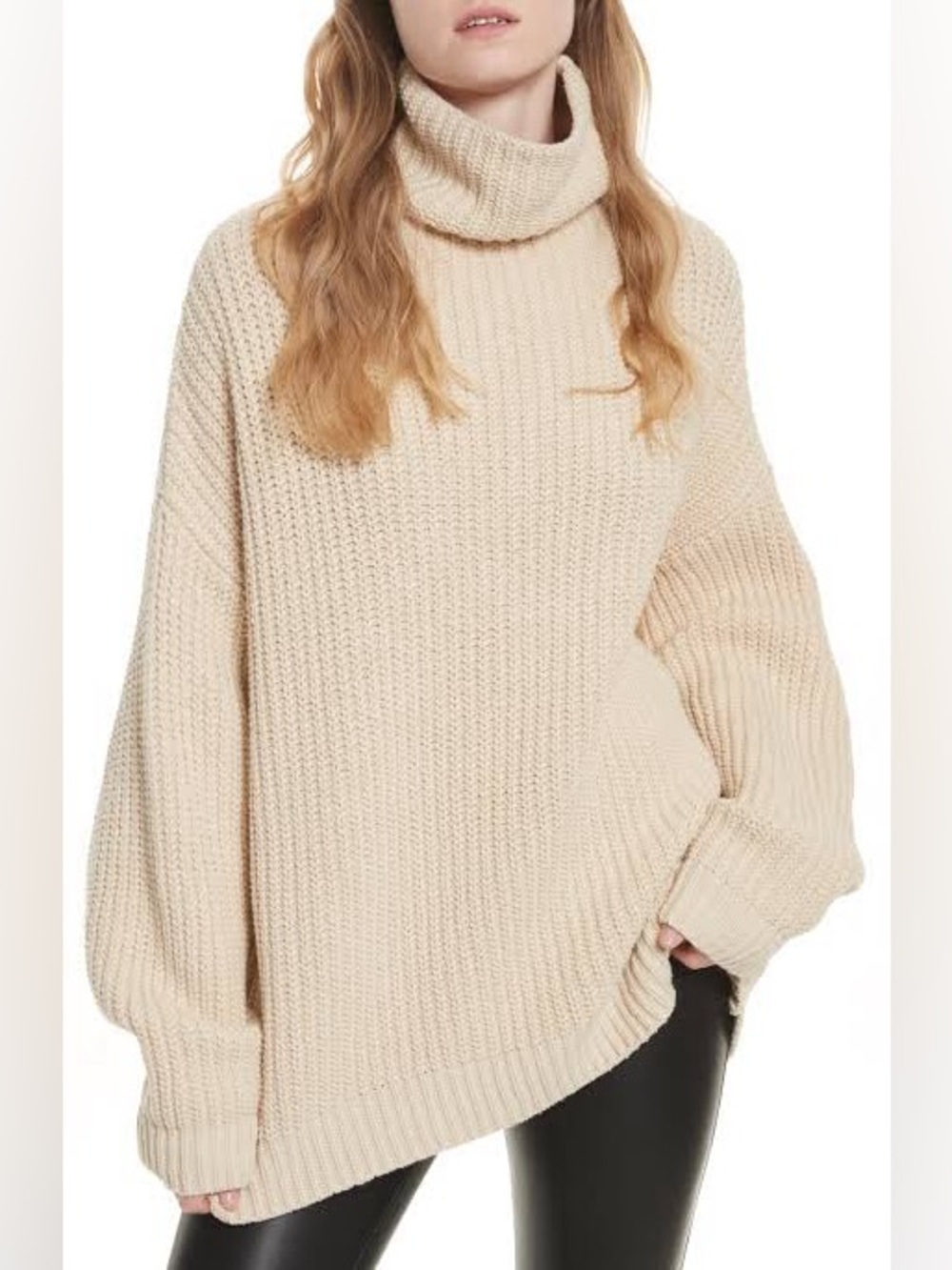 Free People Beige Too Deep Turtleneck Chunky Knit Sweater